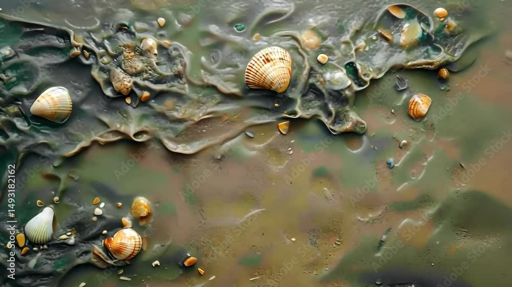 Seashells on beach, abstract sandy background with ocean wave