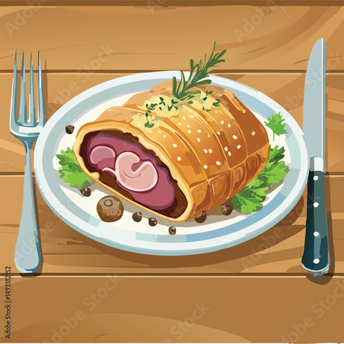 Perfectly cooked Beef Wellington sliced open, showing juicy medium-rare beef wrapped in golden puff pastry with mushroom duxelles, served on elegant plating with warm, natural lighting.