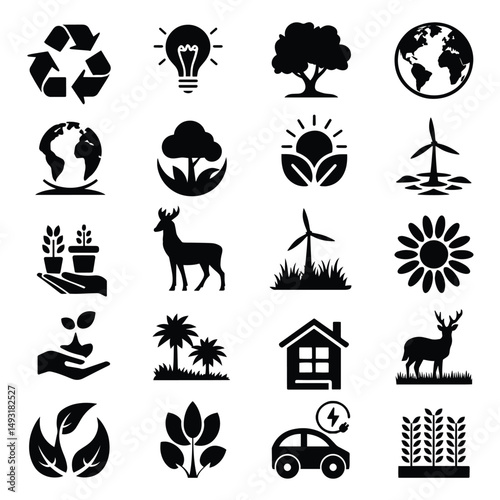 Group of simple, black-and-white environmental symbols, including plants, animals, and renewable energy sources. Go green