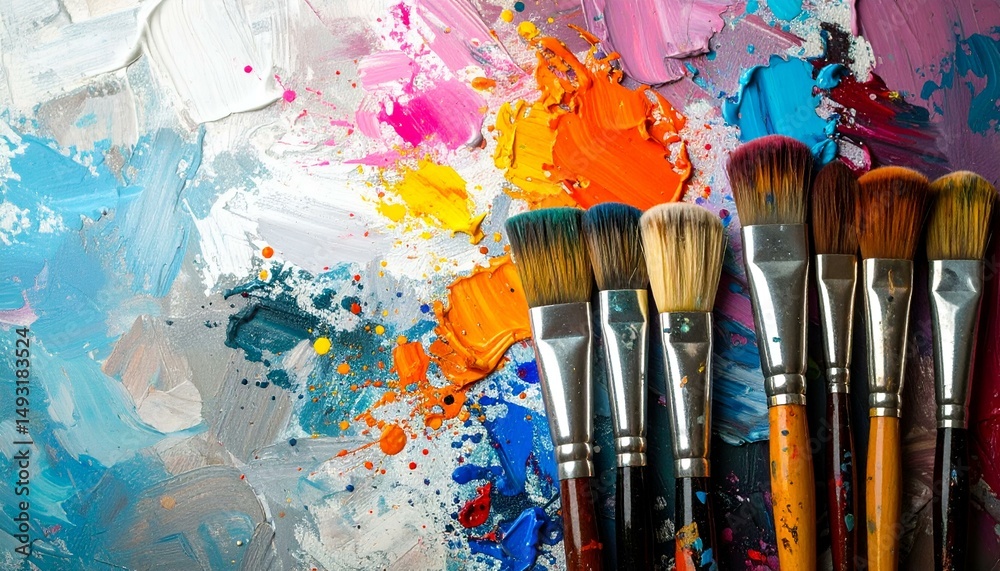 Obraz premium Colorful paintbrushes on a vibrant palette, showcasing artistic tools and texture.