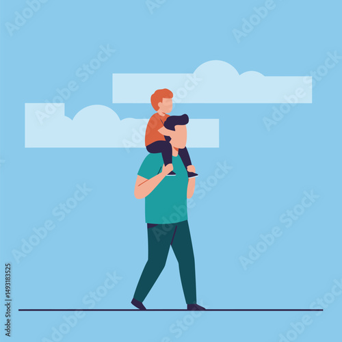 Father Carrying Son on Shoulders Enjoying a Sunny Day