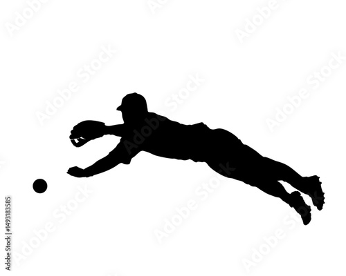 捕球動作をする野球選手の黒シルエット素材
