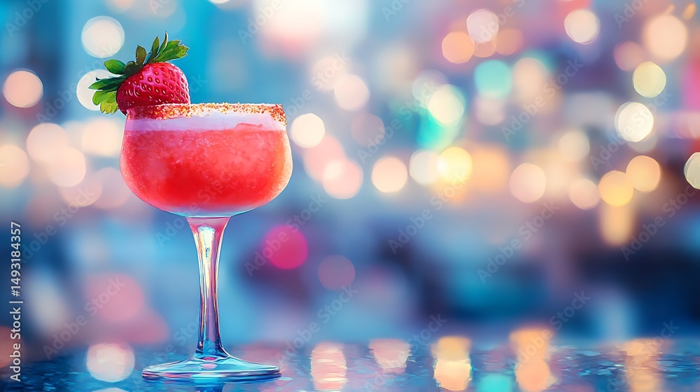 Watercolor painting of strawberry daiquiri, resting on outdoor cafe table, blurred city background, pink drink glowing, fresh strawberry and mint leaf garnish, soft natural light,