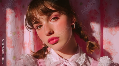Dreamy Portrait of Young Woman with Pink Makeup and Pigtails