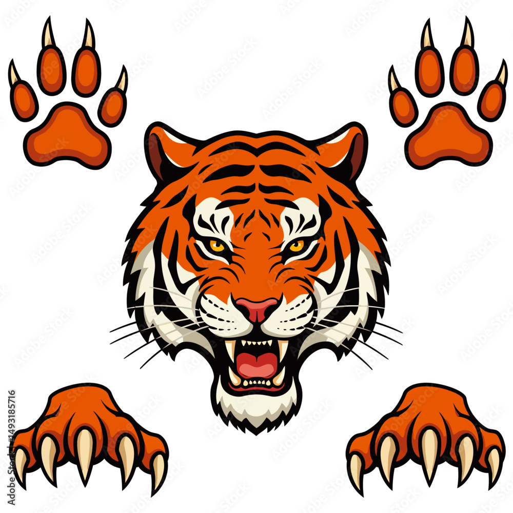 Fototapeta premium Vector illustration of a roaring tiger head with sharp fangs, alongside front and bottom views of tiger paws with claws.