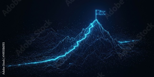 Digital mountain with flag on peak, symbolizing success, achievement, and overcoming challenges in business and technology.