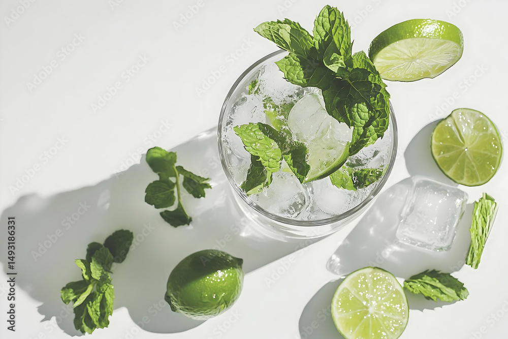 Obraz premium Refreshing Mojito Cocktail in a Glass with Mint Leaves and Lime Slices on a Reflective Surface Captured in Realistic 8K with Exceptional Detail and Clarity