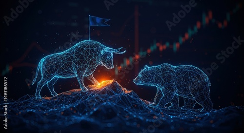 Digital bull and bear face off on a mountain, representing stock market trends with an upward chart in the background.