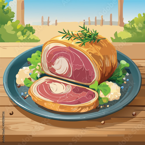 Perfectly cooked Beef Wellington sliced open, showing juicy medium-rare beef wrapped in golden puff pastry with mushroom duxelles, served on elegant plating with warm, natural lighting.