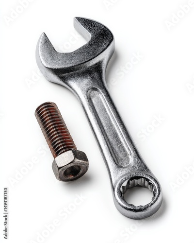 Close-up of a wrench and bolt against a white background.  Tools of the trade.