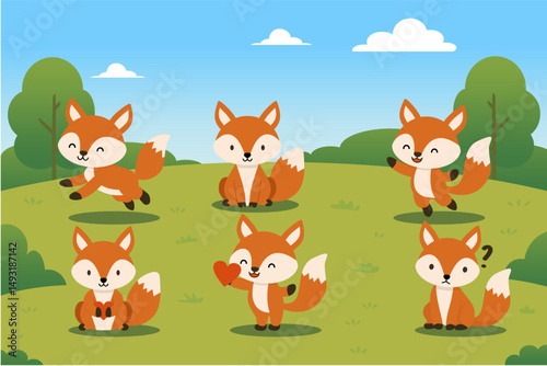 A group of adorable foxes standing in the wild with nature background. Cartoon-style animal vector suitable for kids’ illustrations, forest theme, wildlife content, and posters.