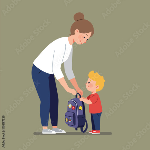 Mother Helping Child with Backpack Ready for School Day