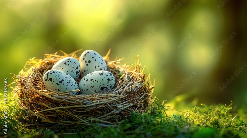 Fototapeta premium Nestled eggs in a sunlit nest