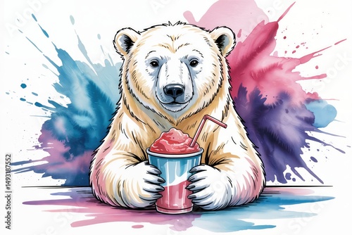 A white Polar bear holding a drink in a Fun Party Water color illustration photo