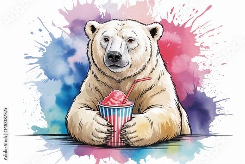 A white Polar bear holding a drink in a Fun Party Water color illustration