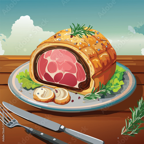 Perfectly cooked Beef Wellington sliced open, showing juicy medium-rare beef wrapped in golden puff pastry with mushroom duxelles, served on elegant plating with warm, natural lighting.