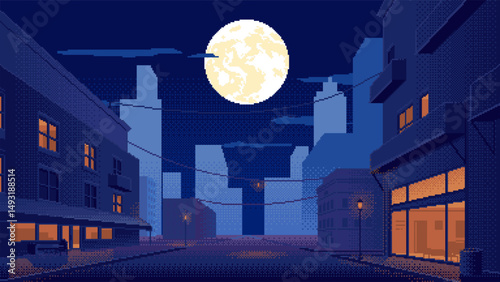 Pixel art night cityscape with road on street and moon in sky. 8-bit video game vector background.