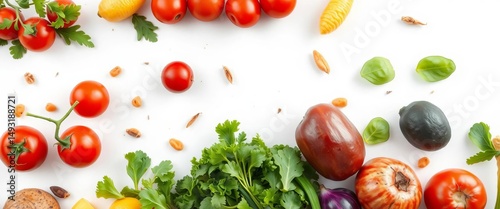 Vibrant Mediterranean vegetarian ingredients float on white ,   summer food,   herbs