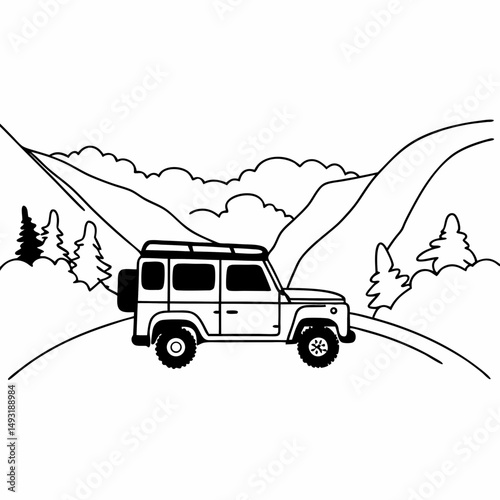 Elegant Line Art Illustration of an Overland Vehicle Parked at a Scenic Mountain Overlook, Conveying a Sense of Wanderlust and Exploration for Social Media Campaigns.