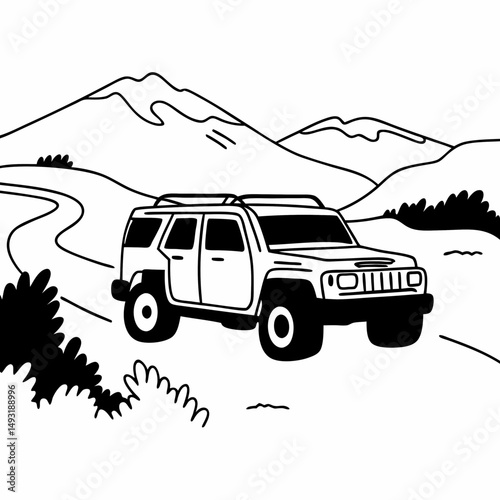 Elegant Line Art Illustration of an Overland Vehicle Parked at a Scenic Mountain Overlook, Conveying a Sense of Wanderlust and Exploration for Social Media Campaigns.