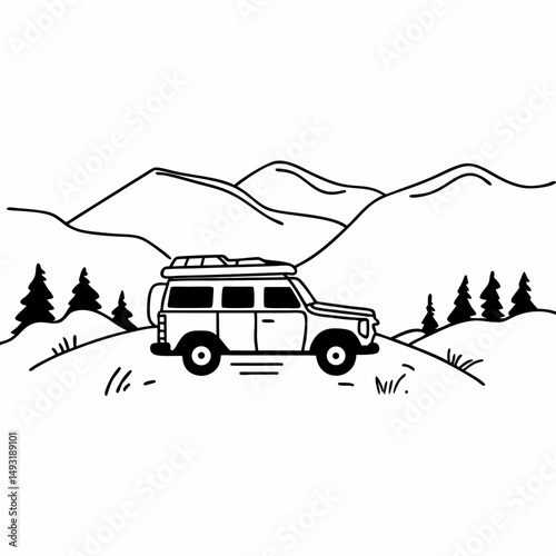 Elegant Line Art Illustration of an Overland Vehicle Parked at a Scenic Mountain Overlook, Conveying a Sense of Wanderlust and Exploration for Social Media Campaigns.