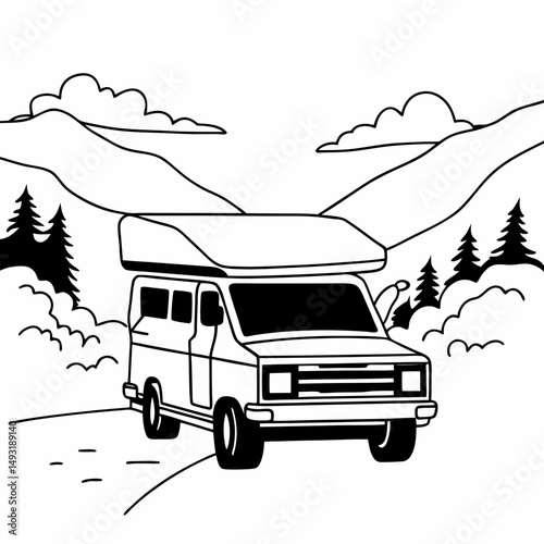 Elegant Line Art Illustration of an Overland Vehicle Parked at a Scenic Mountain Overlook, Conveying a Sense of Wanderlust and Exploration for Social Media Campaigns.