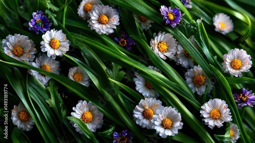 Vibrant garden scene, close-up of blooming white flowers amidst lush green foliage, perfect for nature-themed designs.