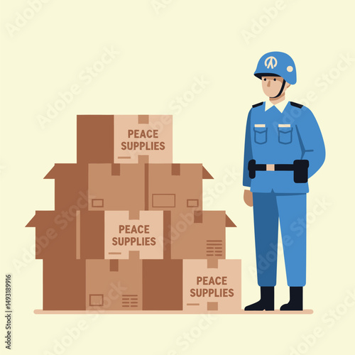 Peacekeeper Standing Guard Near Boxes of Peace Supplies