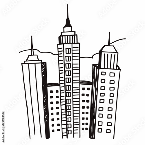 Detailed Line Drawing of a Dense City Skyline with Towering Skyscrapers, Suitable for Architectural Renderings and Urban Development Projects.