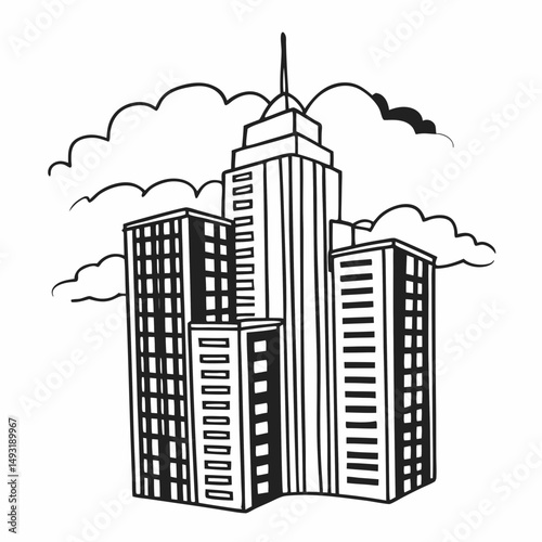 Detailed Line Drawing of a Dense City Skyline with Towering Skyscrapers, Suitable for Architectural Renderings and Urban Development Projects.