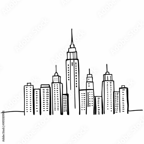 Detailed Line Drawing of a Dense City Skyline with Towering Skyscrapers, Suitable for Architectural Renderings and Urban Development Projects.