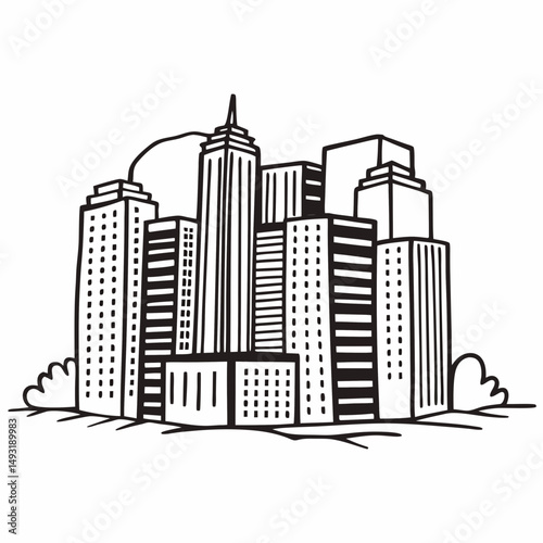 Detailed Line Drawing of a Dense City Skyline with Towering Skyscrapers, Suitable for Architectural Renderings and Urban Development Projects.