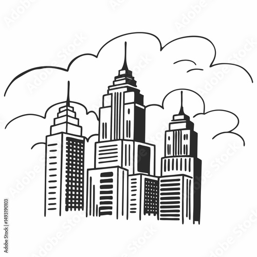 Detailed Line Drawing of a Dense City Skyline with Towering Skyscrapers, Suitable for Architectural Renderings and Urban Development Projects.