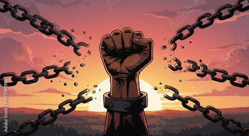 Empowered fist breaks chains at sunrise