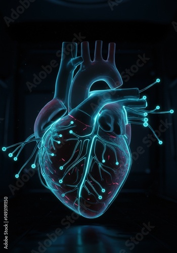 Human heart with electronic nodes and glowing wires, representing medical technology and future health solutions.
