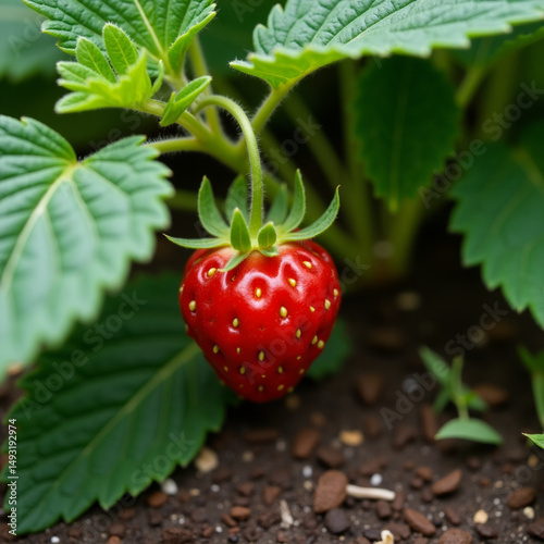 Succulent Strawberry: A vibrant, ripe strawberry hangs temptingly from its green stem, surrounded by lush foliage, showcasing the beauty of fresh, organic produce. photo