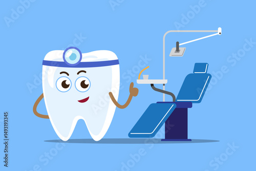 Tooth cartoon character dressed as a dentist and dental unit . Isolated on blue background . Vector .
