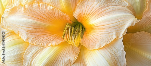 Delicate peach-toned amaryllis blossom, showcasing intricate petal textures and stamen details