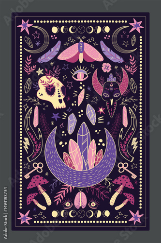 Boho background. Vertical banner or poster design. Tarot cover. Print magical design. Different occult symbols and plant. Scull and butterfly. Bohemian pattern. Vector illustration