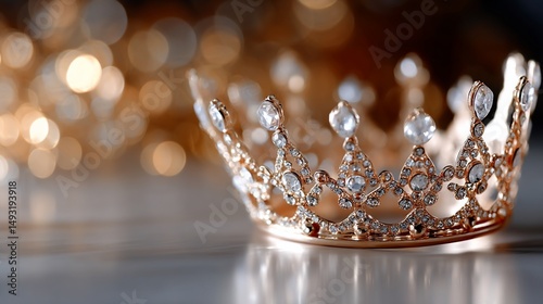 Golden crown with sparkling gems,  a symbol of royalty and elegance.  Delicate design, reflecting light