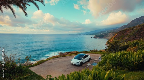 Electric car parked overlooking a scenic coastline at sunset.  Coastal road with lush vegetation