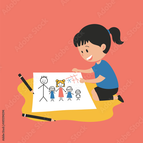 Young Girl Drawing a Picture of Her Family Happily
