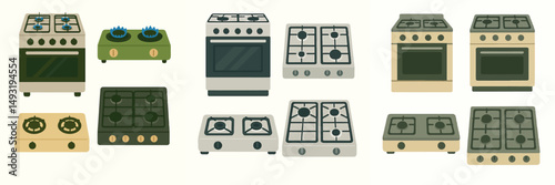 Collection of stoves with various colors and models in vector flat design style