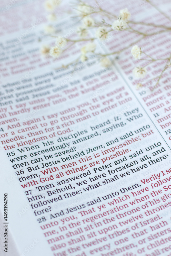 Obraz premium With God all things are possible, biblical text in open holy bible book. Close-up. Christian concept of Jesus Christ's authority, power, wisdom, and glory.