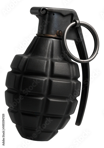 Black military-style hand grenade with textured surface and safety pin on transparent background.