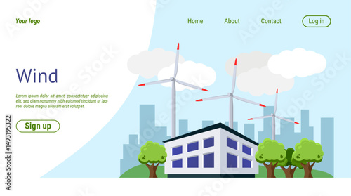 Power plant landing page. Windmill generator. Renewable energy of wind. Electricity generation. Website design template. Alternative resource. Eco powerhouse technology. Vector background