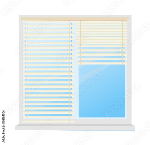 Blind window. Plastic roller curtain. White striped jalousie. Closed glass shutters. Architecture construction. House windowsill decor. Horizontal clear louvers. Vector interior element