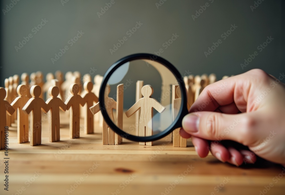 custom made wallpaper toronto digitalA hand holding a magnifying glass focuses on a wooden figure among many