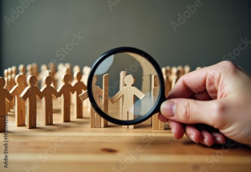 Wallpaper Mural A hand holding a magnifying glass focuses on a wooden figure among many Torontodigital.ca