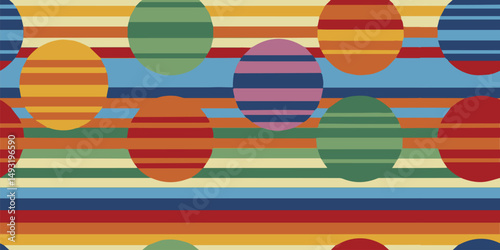 Seamless background of colorful stripes and circles. Vector illustration